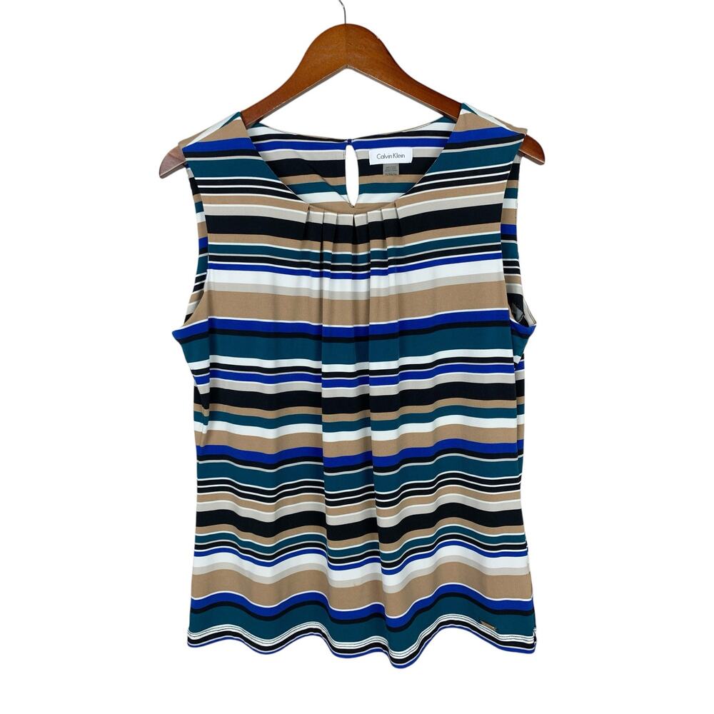 Calvin Klein Tank Top Colorful Striped Stretchy Knit Sleeveless Blouse Womens XL